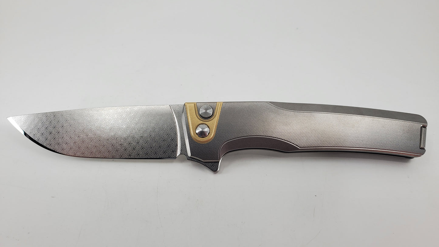 MachineWise Sonora Raw Ti Laser Patern #5 Blade (20CV | Brass Bolster) Buttonlock Folding Knife #783