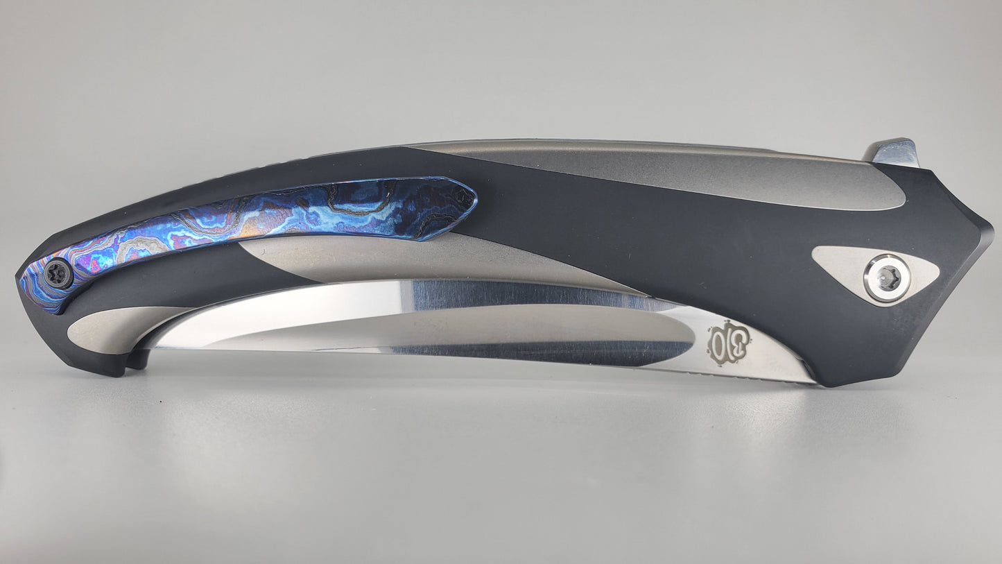 PoiKilo Orca Timascus Clip / Spine M398 Polished Blade Linerlock Folding Knife