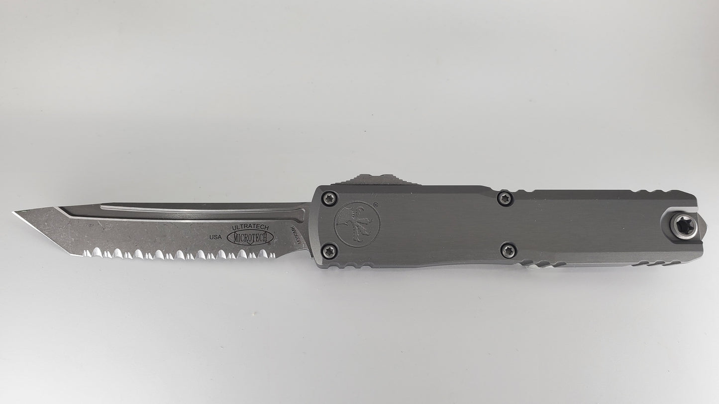 Microtech Ultratech ZBP T/E Natural Clear Apocalyptic Full Serrated Out the Front Knife