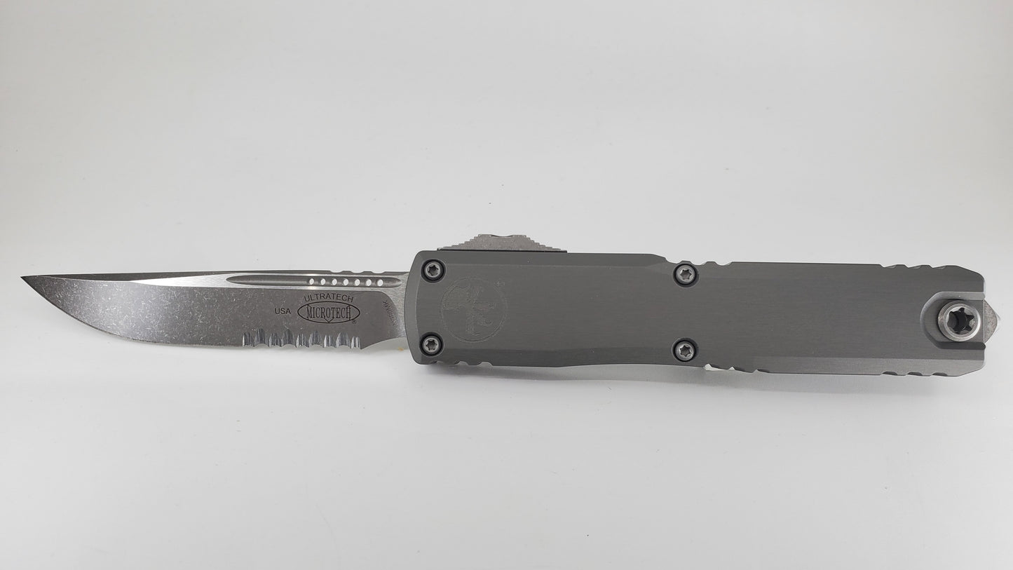 Microtech Ultratech ZBP S/E Natural Clear Apocalyptic Partial Serrated Out the Front Knife