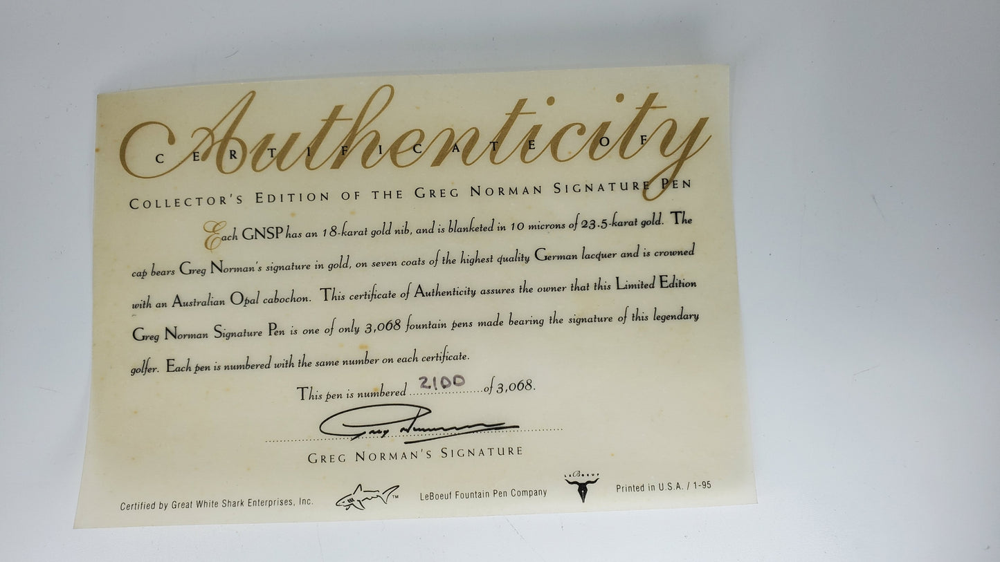 *Consignment* La Boeuf Greg Norman Limited Edition Fountain Pen 18k Medium Nib