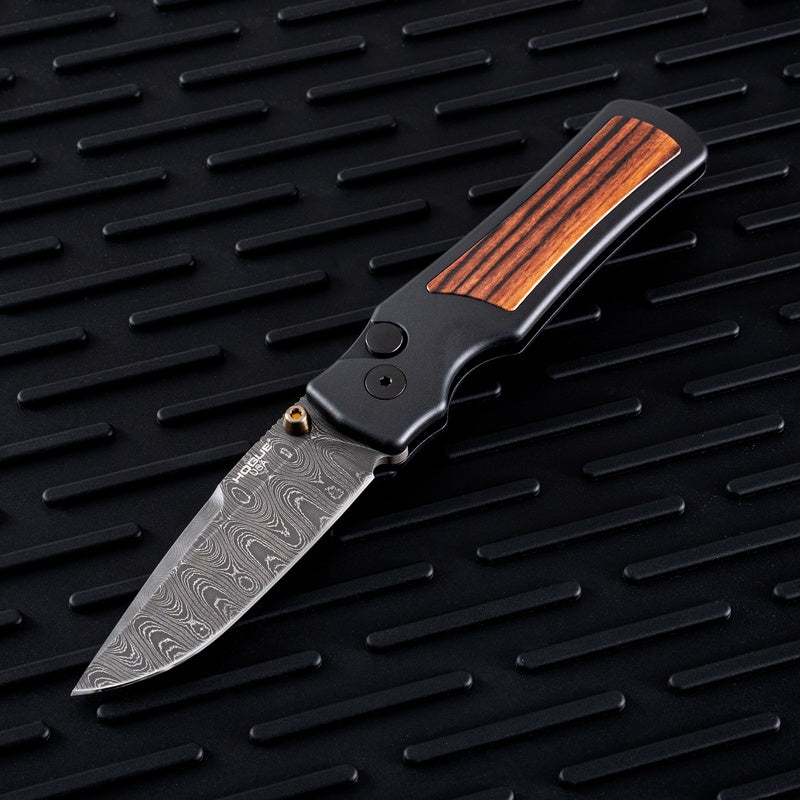 Hogue Saxum LIMTED EDITION Button Lock Knife | Damascus Blade w/ Aluminum Handle & Kingwood Inlays