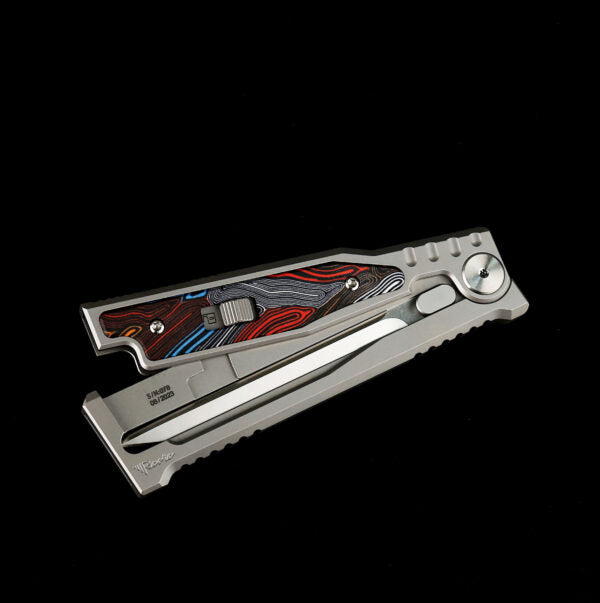 Reate EXO-M Damascus Red White Blue Handle Design Double Edge Satin Finish Gravity Knife