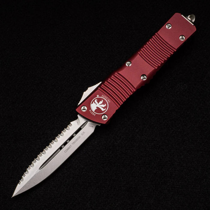 Microtech Combat Troodon Double Edge Merlot Stonewash Full Serrated Out the Front Knife