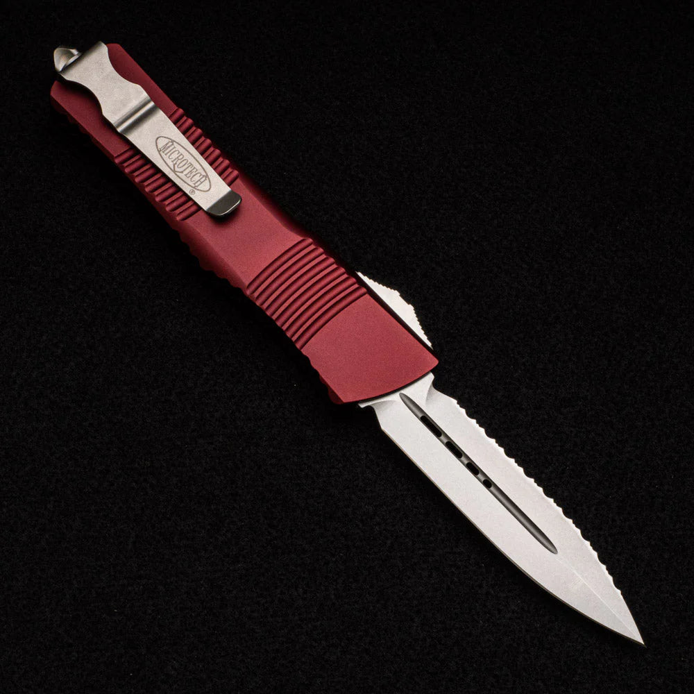 Microtech Combat Troodon Double Edge Merlot Stonewash Full Serrated Out the Front Knife