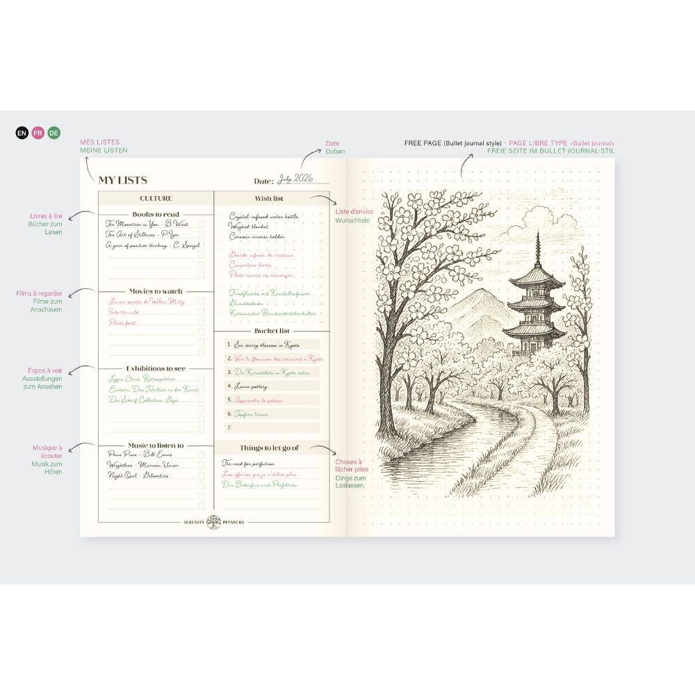 An open Clairefontaine_Bucket_List_Planner_A5_spread showing a left page with labeled writing sections and a right page with a scenic illustration of a pagoda, trees, and a path. The image includes callout labels pointing to features of the journal.