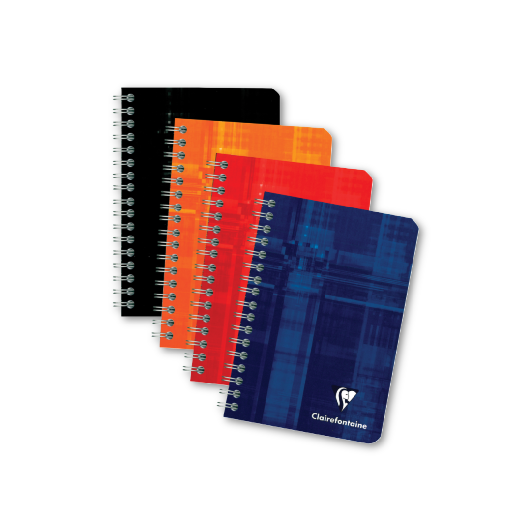 Set of four spiral-bound notebooks in black, orange, red, and blue with Clairefontaine logo.