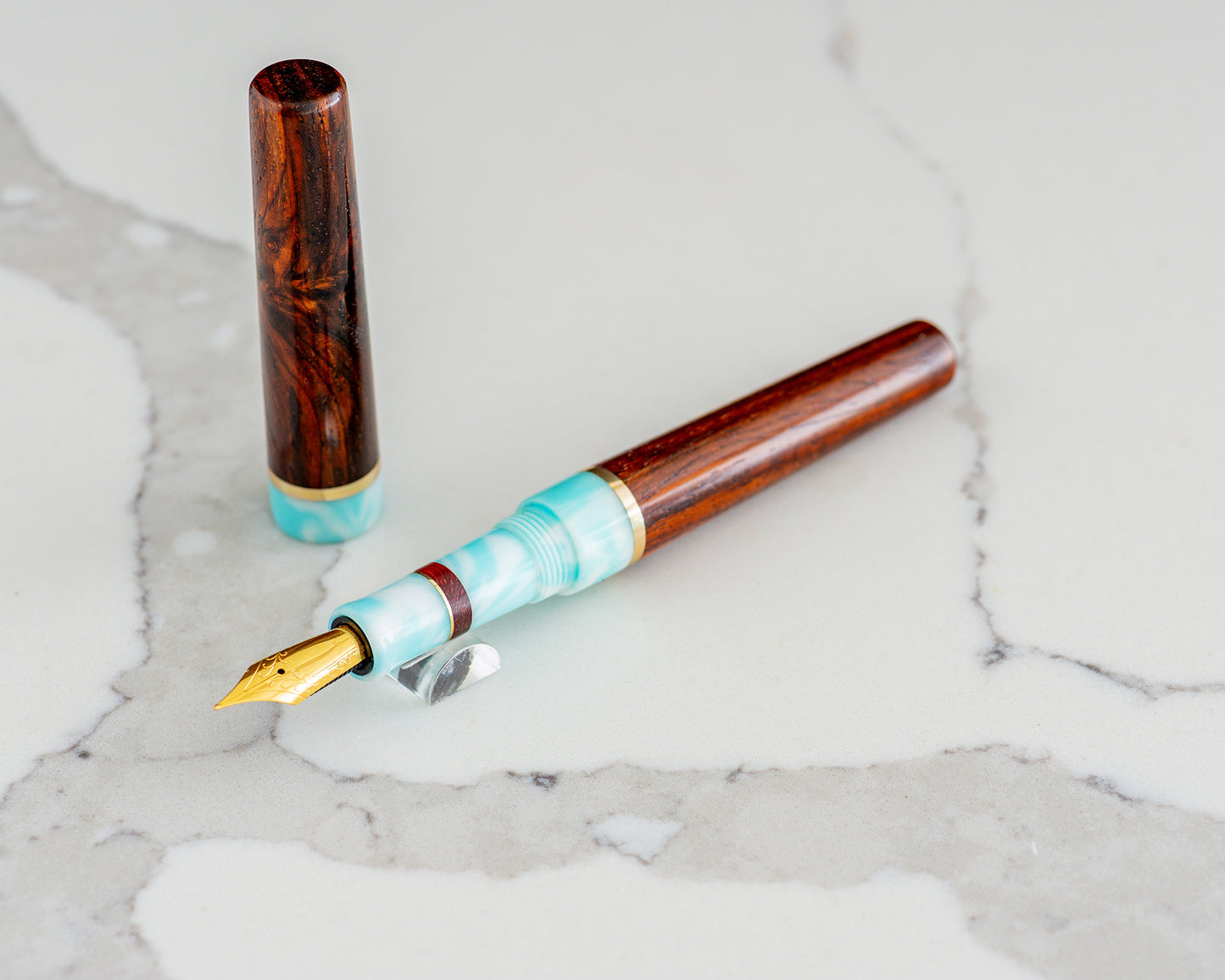Rhys' Pieces Custom Fountain Pen - "Rosewood Skies" Cocobolo, Tiffany Blue & White Resin, w/ Brass & Padauk Accents