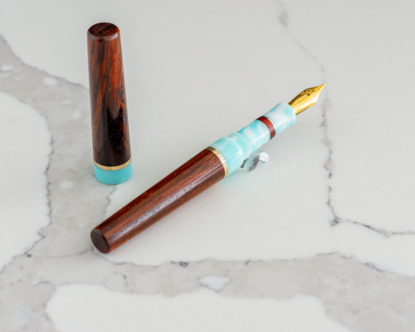 Rhys' Pieces Custom Fountain Pen - "Rosewood Skies" Cocobolo, Tiffany Blue & White Resin, w/ Brass & Padauk Accents