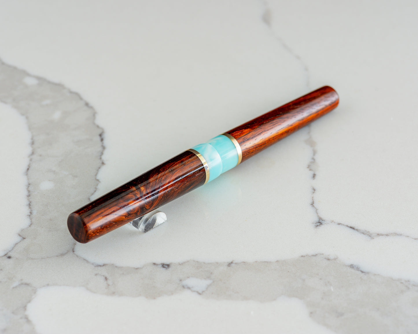 Rhys' Pieces Custom Fountain Pen - "Rosewood Skies" Cocobolo, Tiffany Blue & White Resin, w/ Brass & Padauk Accents