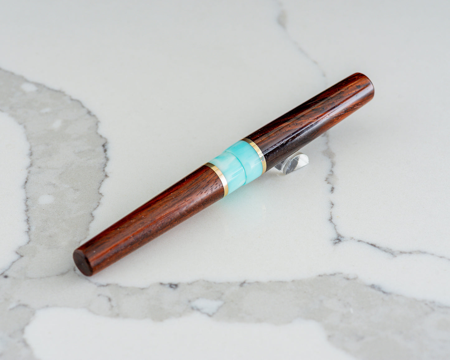 Rhys' Pieces Custom Fountain Pen - "Rosewood Skies" Cocobolo, Tiffany Blue & White Resin, w/ Brass & Padauk Accents