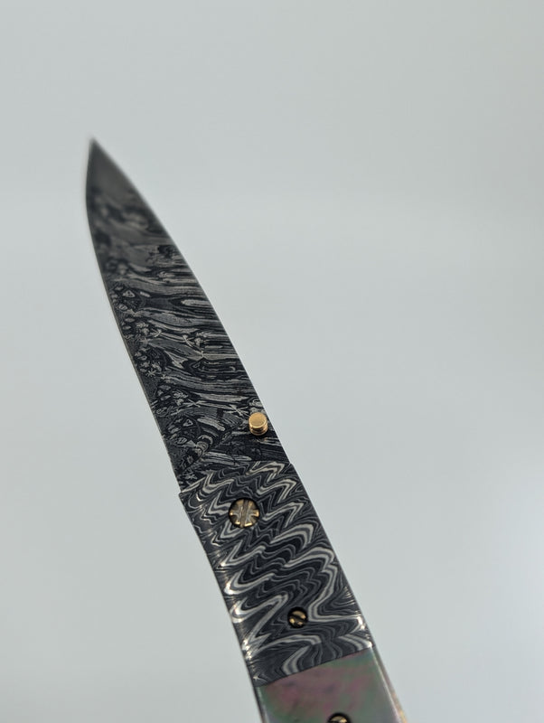 *Consignment* Don Hanson III Sunfish Forge Damascus Mother of Pearl Folding Knife