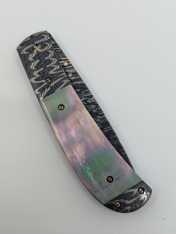 *Consignment* Don Hanson III Sunfish Forge Damascus Mother of Pearl Folding Knife