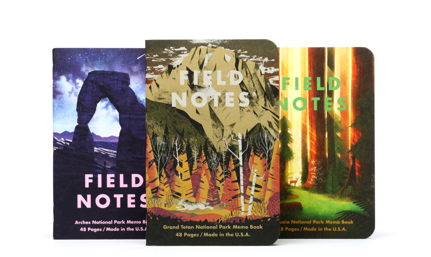 Three Field Notes notebooks with different scenic covers on a white background.
FIELD_NOTES_National_Parks_Notebook_Series D Grand Teton National Park, Arches National Park, Sequoia National Park