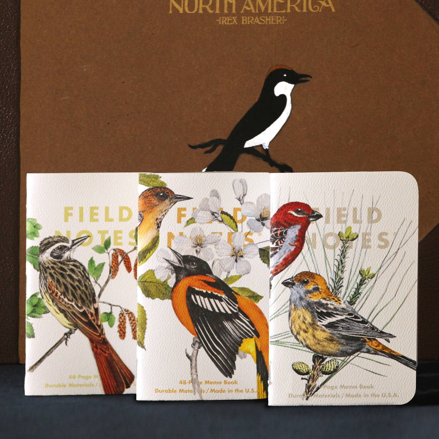 Three small notebooks with bird illustrations. Pine Grosbeak, Baltimore Oriole, Sulphurbelly Flycatcher