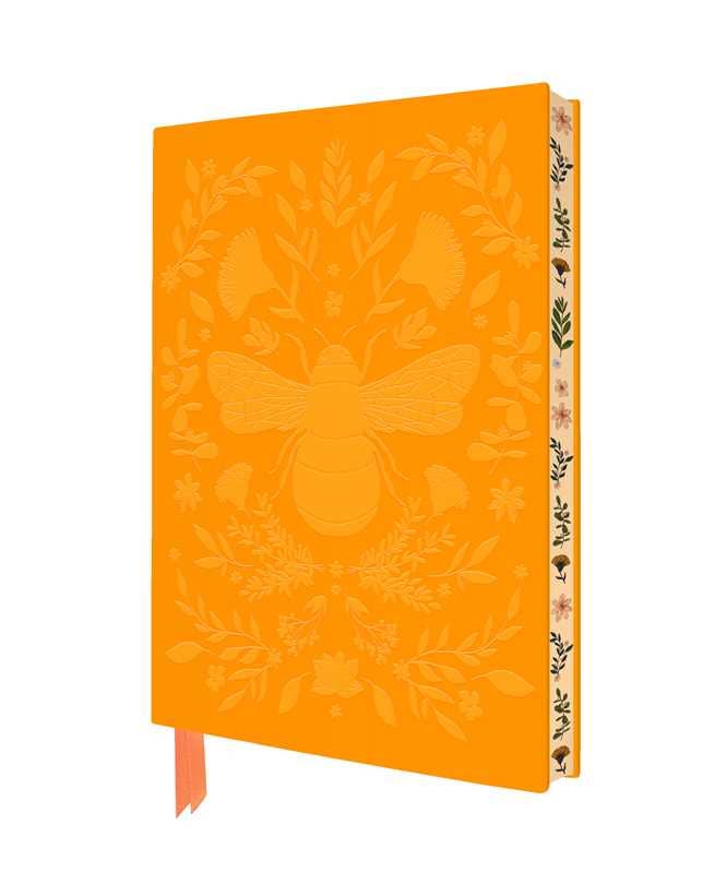 Orange notebook with floral and bee design on a white background