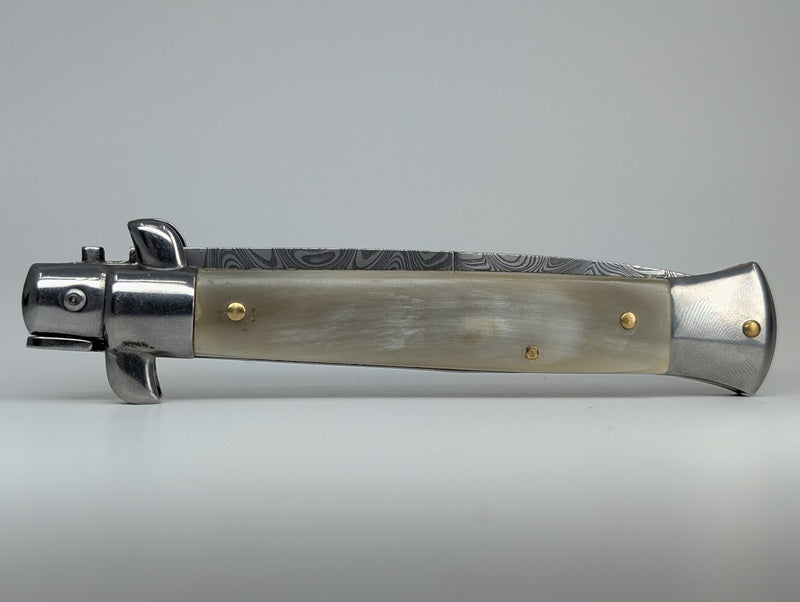 *Consignment* Frank Beltrame Italian Stiletto Damascus Blade / Cow Horn Handle Auto Folding Knife