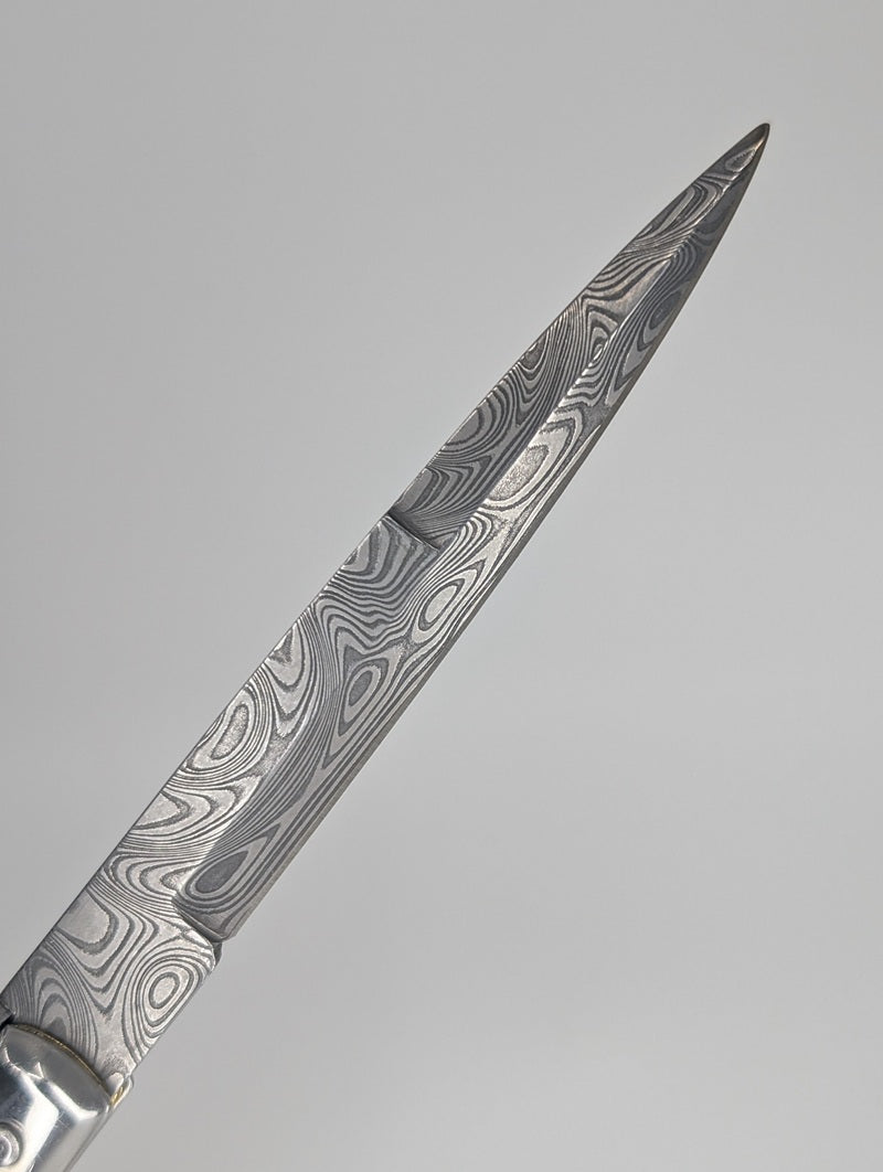*Consignment* Frank Beltrame Italian Stiletto Damascus Blade / Cow Horn Handle Auto Folding Knife