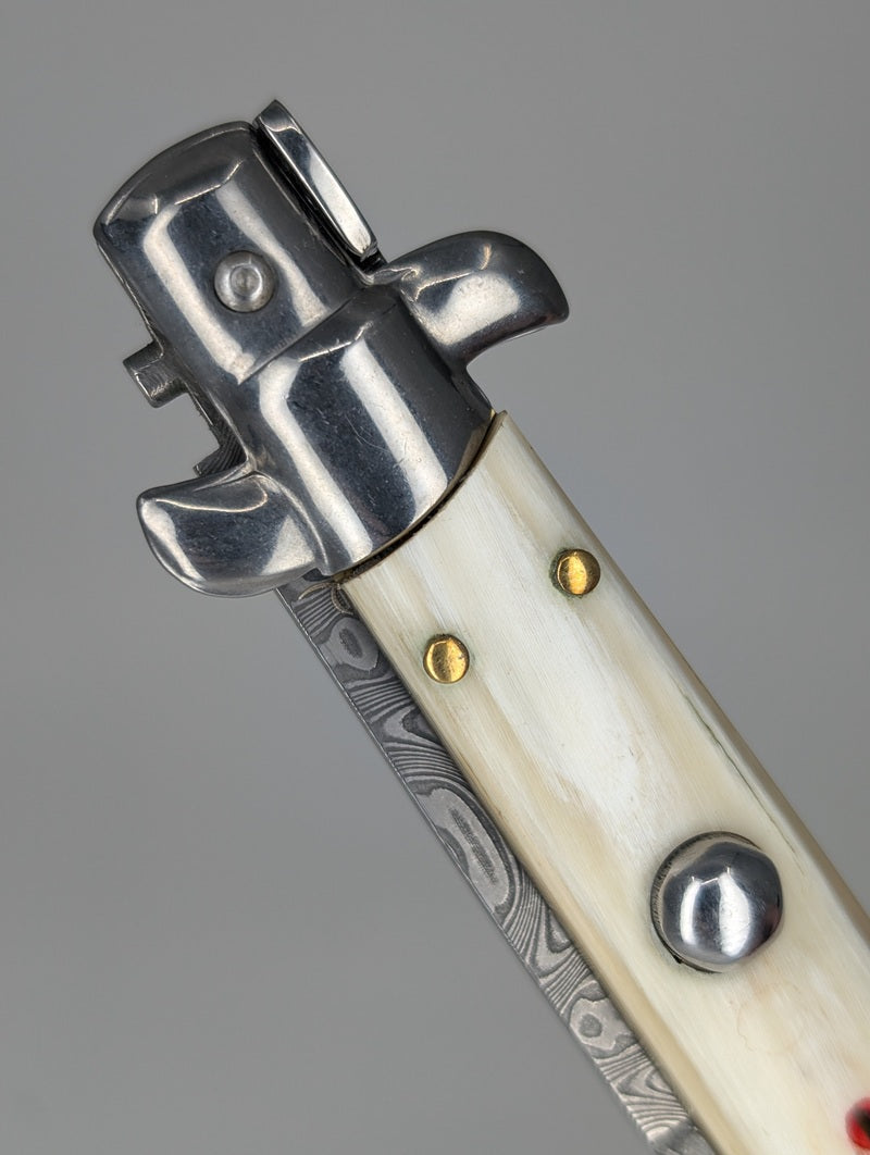 *Consignment* Frank Beltrame Italian Stiletto Damascus Blade / Cow Horn Handle Auto Folding Knife