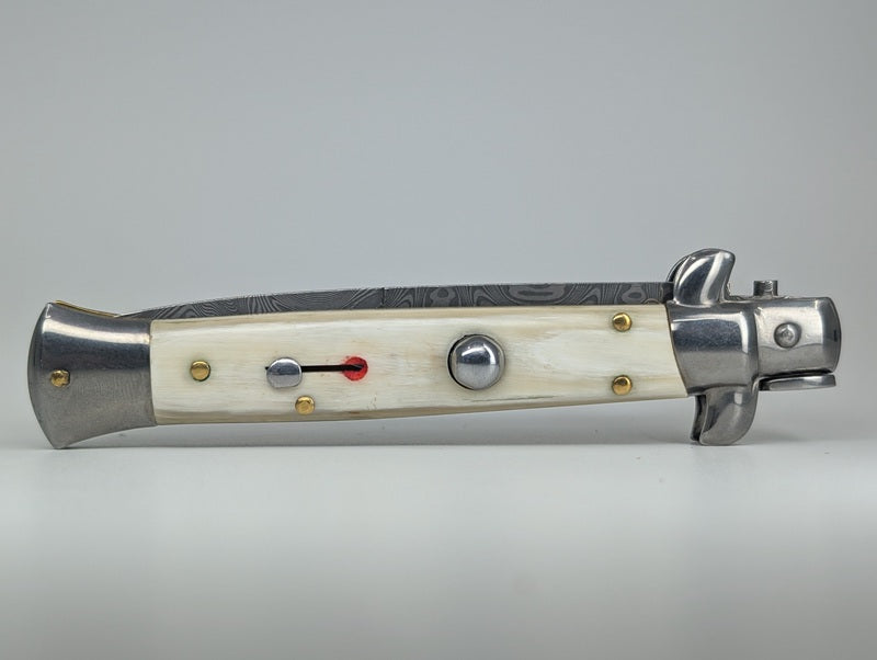 *Consignment* Frank Beltrame Italian Stiletto Damascus Blade / Cow Horn Handle Auto Folding Knife
