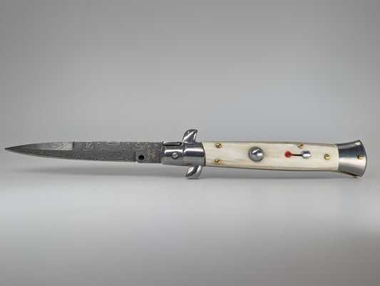 *Consignment* Frank Beltrame Italian Stiletto Damascus Blade / Cow Horn Handle Auto Folding Knife