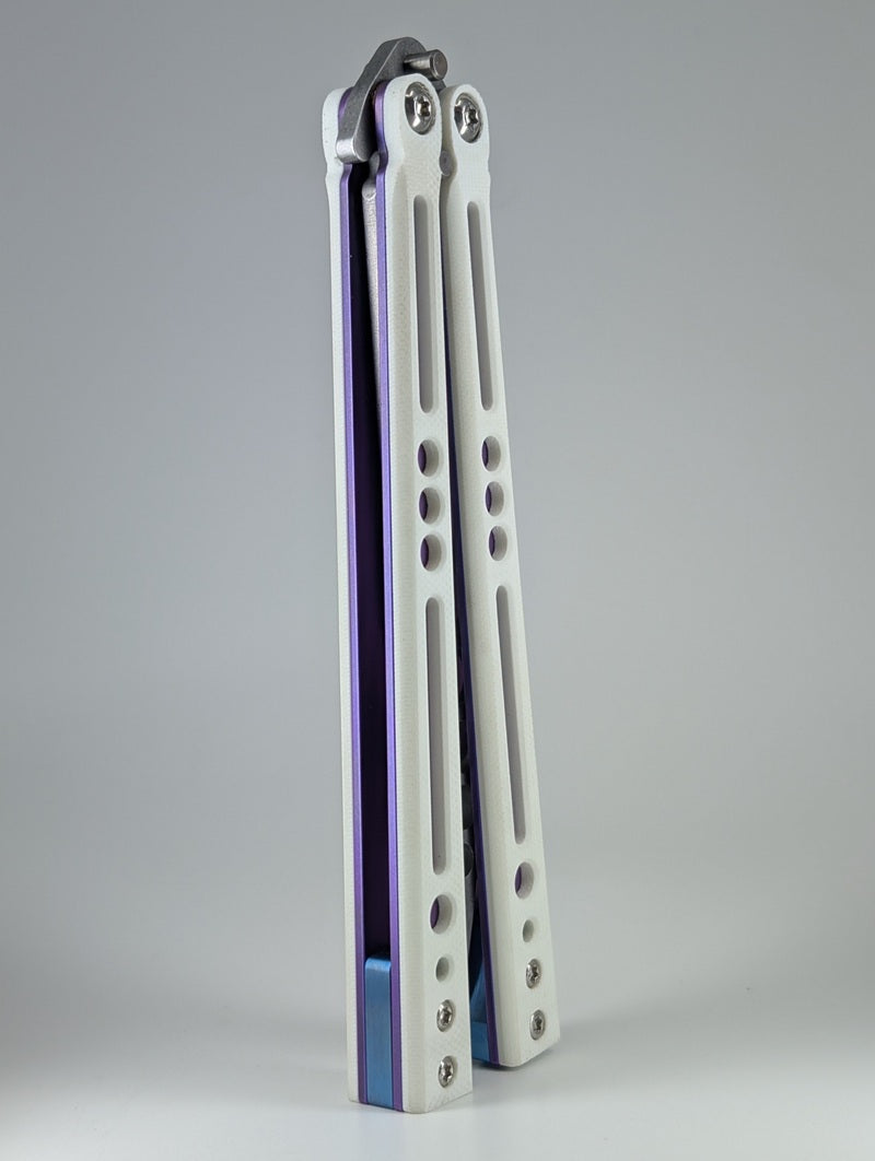 HOM Design Prodigy White G10 / Purple Ti / Blue Ti Spacer Balisong Trainer Mod. C