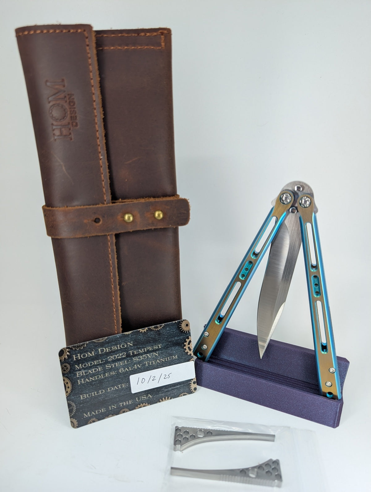 HOM Design 2022 Tempest Dual Tone Aqua/Gold Titanium w/ CF Spacer S35VN Live Blade Balisong