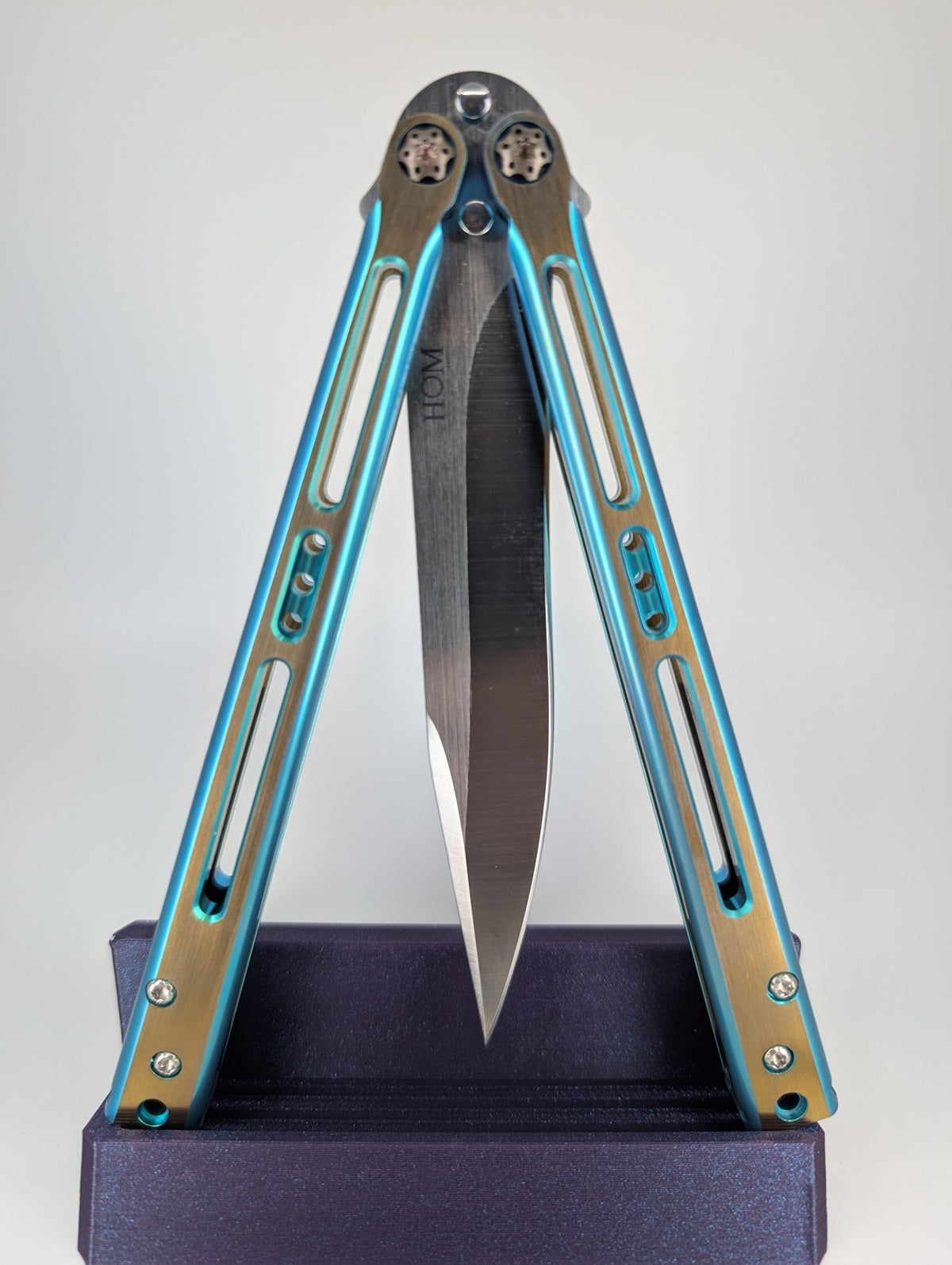 HOM Design 2022 Tempest Dual Tone Aqua/Gold Titanium w/ CF Spacer S35VN Live Blade Balisong