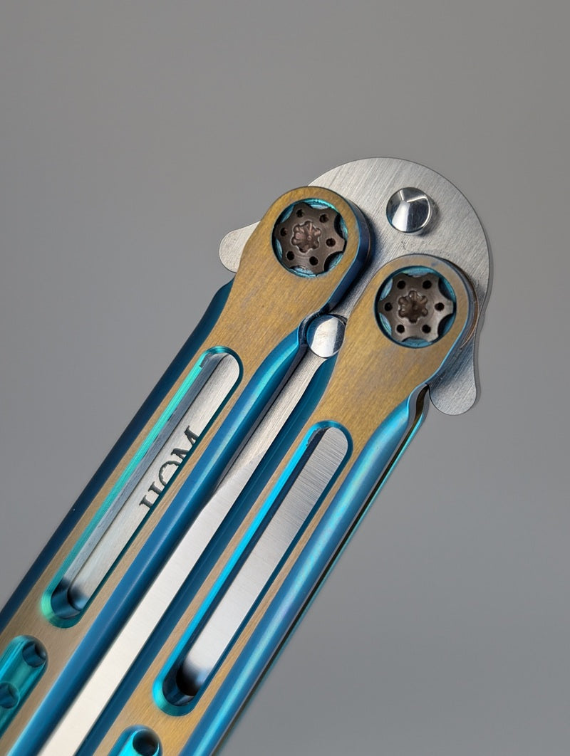 HOM Design 2022 Tempest Dual Tone Aqua/Gold Titanium w/ CF Spacer S35VN Live Blade Balisong