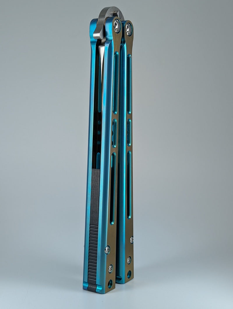 HOM Design 2022 Tempest Dual Tone Aqua/Gold Titanium w/ CF Spacer S35VN Live Blade Balisong