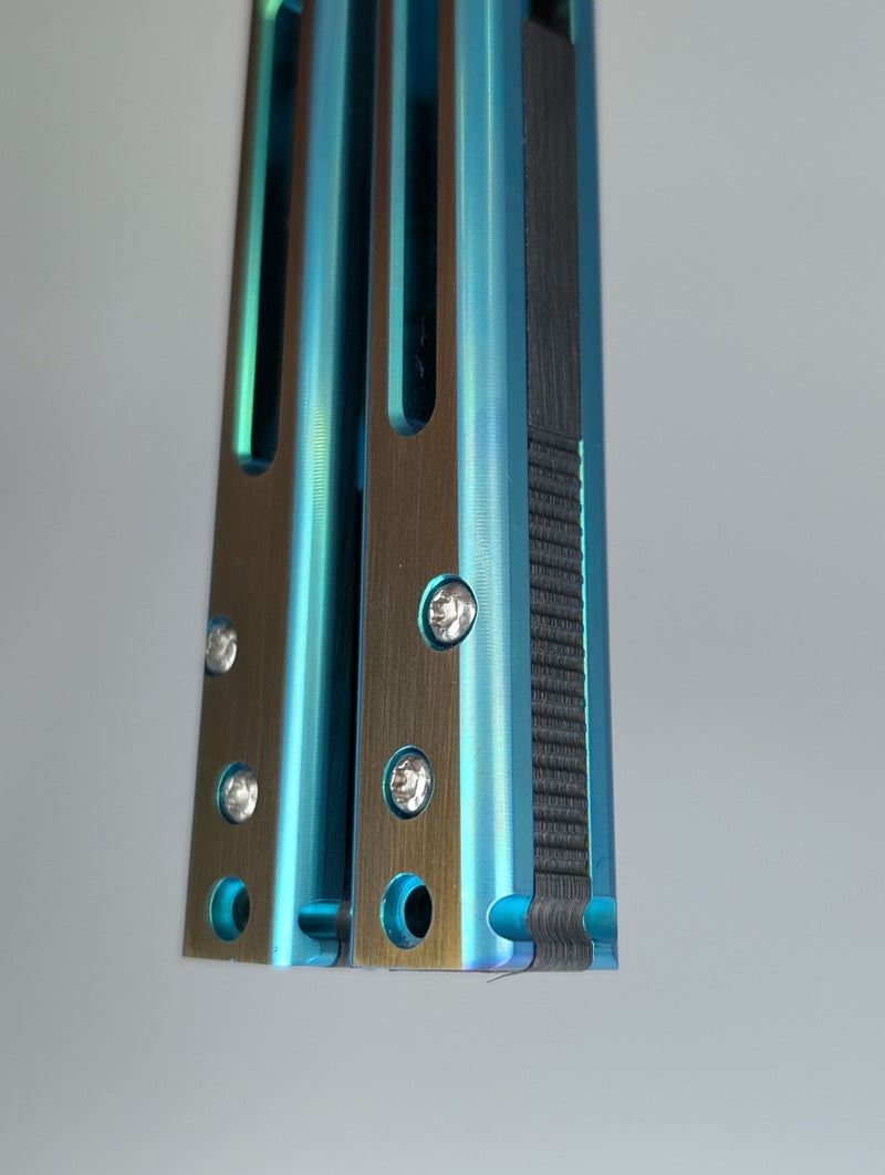 HOM Design 2022 Tempest Dual Tone Aqua/Gold Titanium w/ CF Spacer S35VN Live Blade Balisong