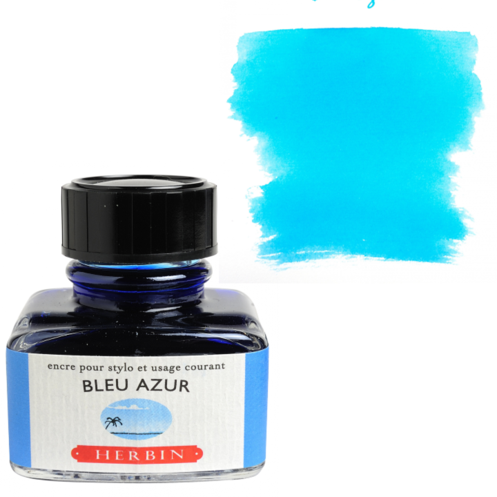 Bottle of Herbin Bleu Azur ink with a swatch of blue color on a white background