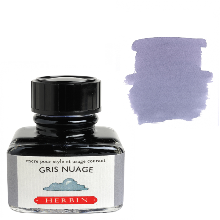 Bottle of Herbin Gris Nuage ink with a color swatch on a white background