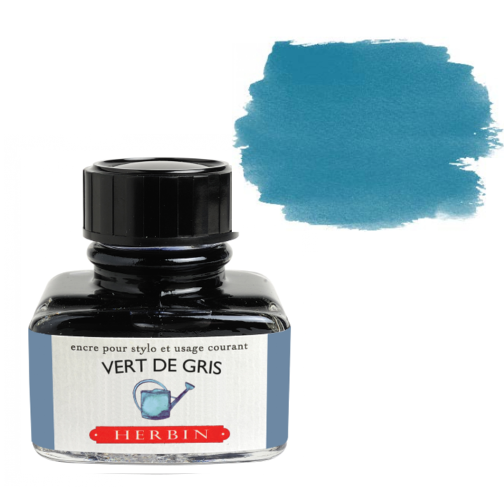 Herbin Vert de Gris ink bottle with color swatch on a white background