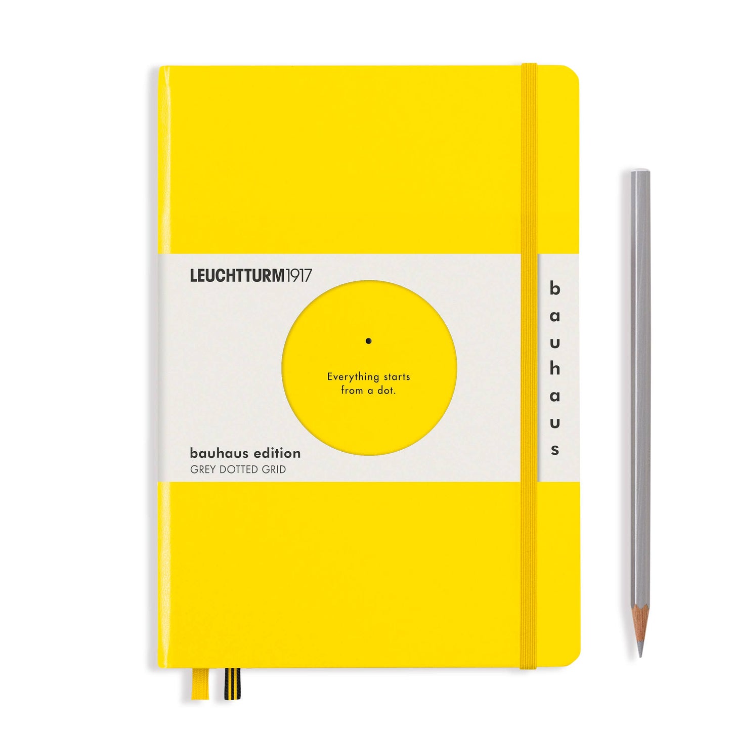 LEUCHTTURM1917 RedBauhaus Edition - Hardcover Yellow notebook with Bauhaus edition label and a pencil on a white background