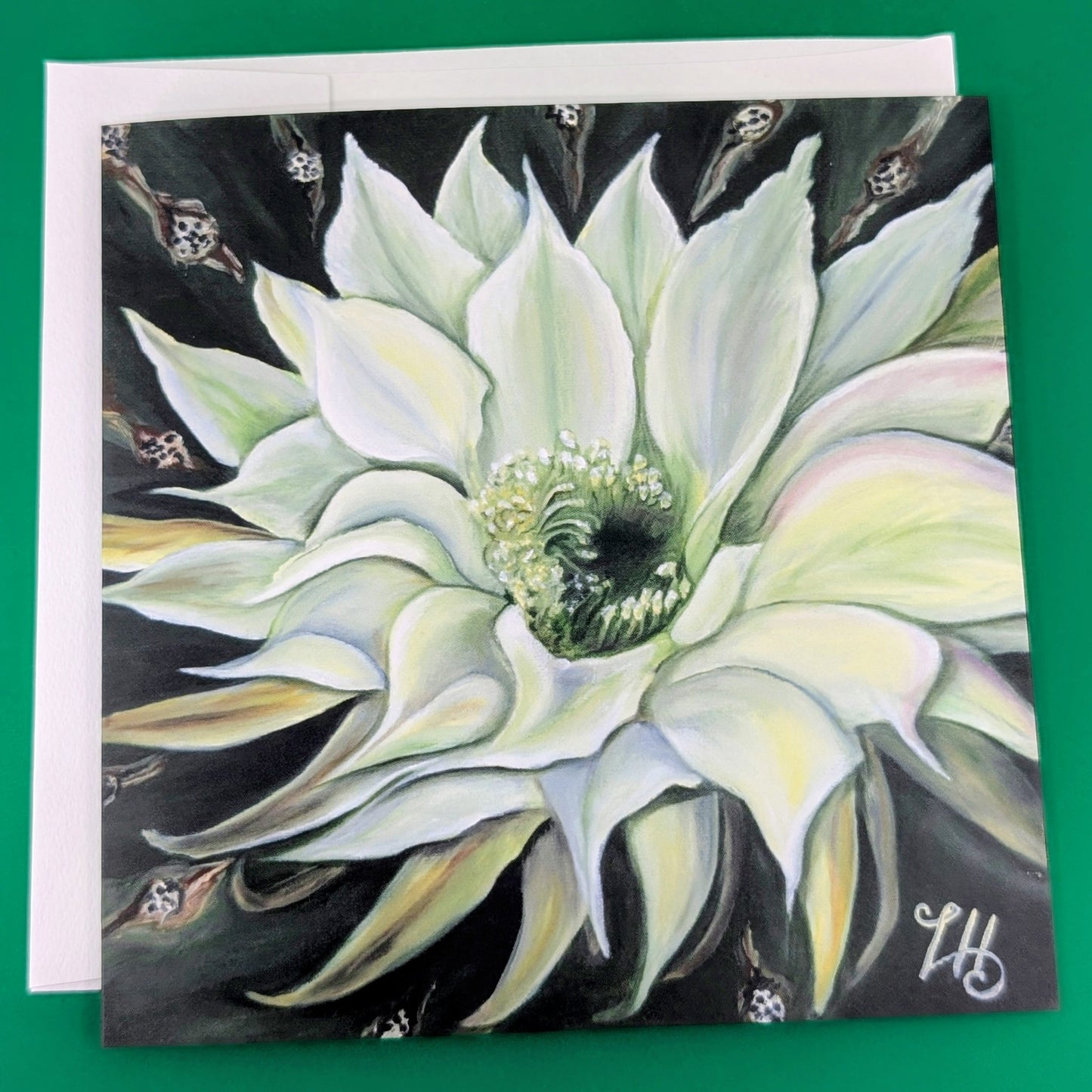 Card with a detailed illustration of a white flower Cereus on a green background