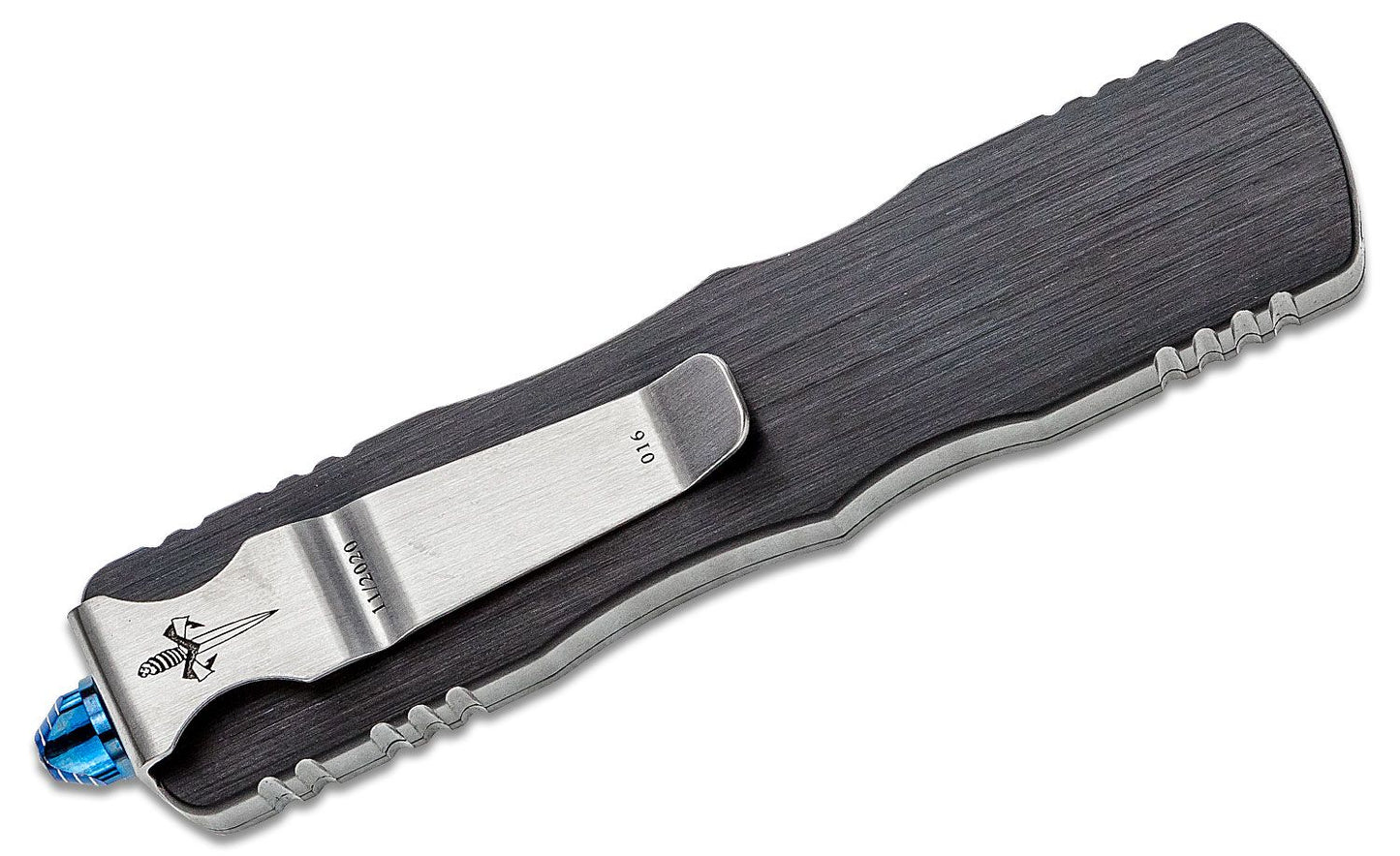Microtech Dirac Marfione Custom Polished Vegas Feather Damascus Blue Ti Hardware Out the Front Knife