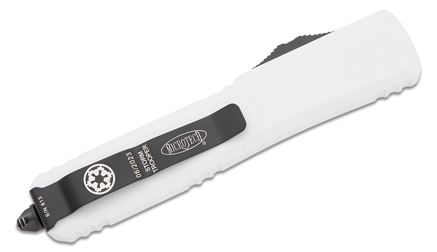 Microtech Ultratech Stormtrooper Deep Engraved White Partial Serrated Out the Front Knife