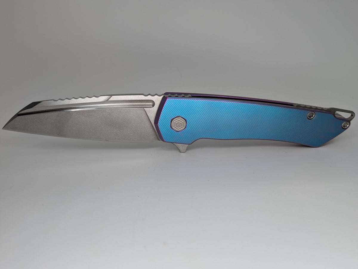 MachineWise Mojave Aqua to Purple Distressed (CPM 20CV | Stonewash | Finestep Handle) Framelock Folding Knife 190 *BLEM*