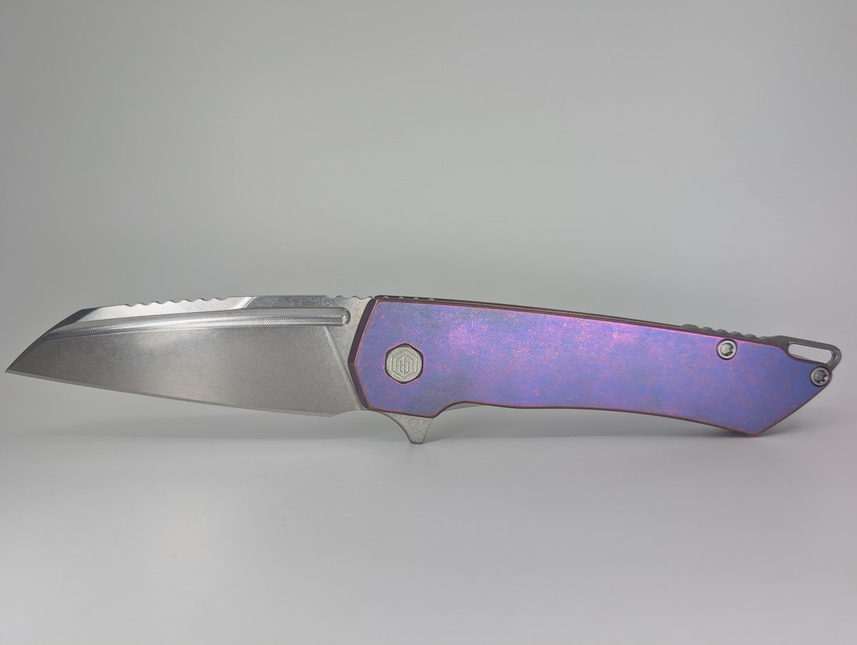 MachineWise Mojave Blurple w/ Pink Distress (S90V | Stonewash | Smooth Handle) Framelock Folding Knife #501 *BLEM*