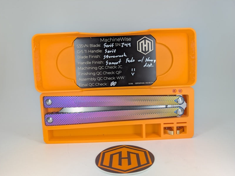 MachineWise Serif Sunset Fade w/ Navy Distress Live Blade Balisong #749