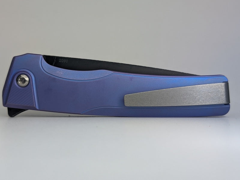 MachineWise Sonora Smooth Blurple DLC w/ Distress Titanium (S90V | Titanium Bolster) Button Lock Folding Knife #2060 *BLEM*