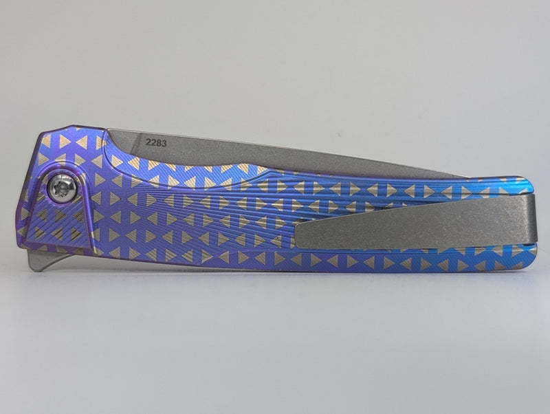 MachineWise Sonora Blue Purple Fade Triangles (S90V | Brass Bolster | Sun Ray Handle) Button Lock Folding Knife #2283 *BLEM*