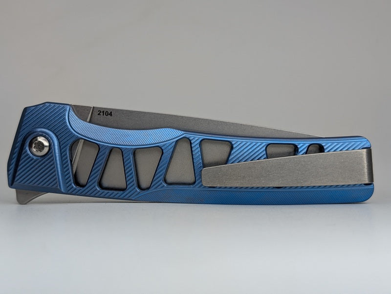 MachineWise Sonora Blue Skeleton Titanium (S90V | Brass Bolster) Button Lock Folding Knife #2104