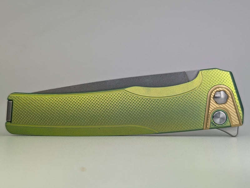 MachineWise Sonora Diamond Green Ti (S90V | Brass Bolster) Button Lock Folding Knife #2114 *Blem*