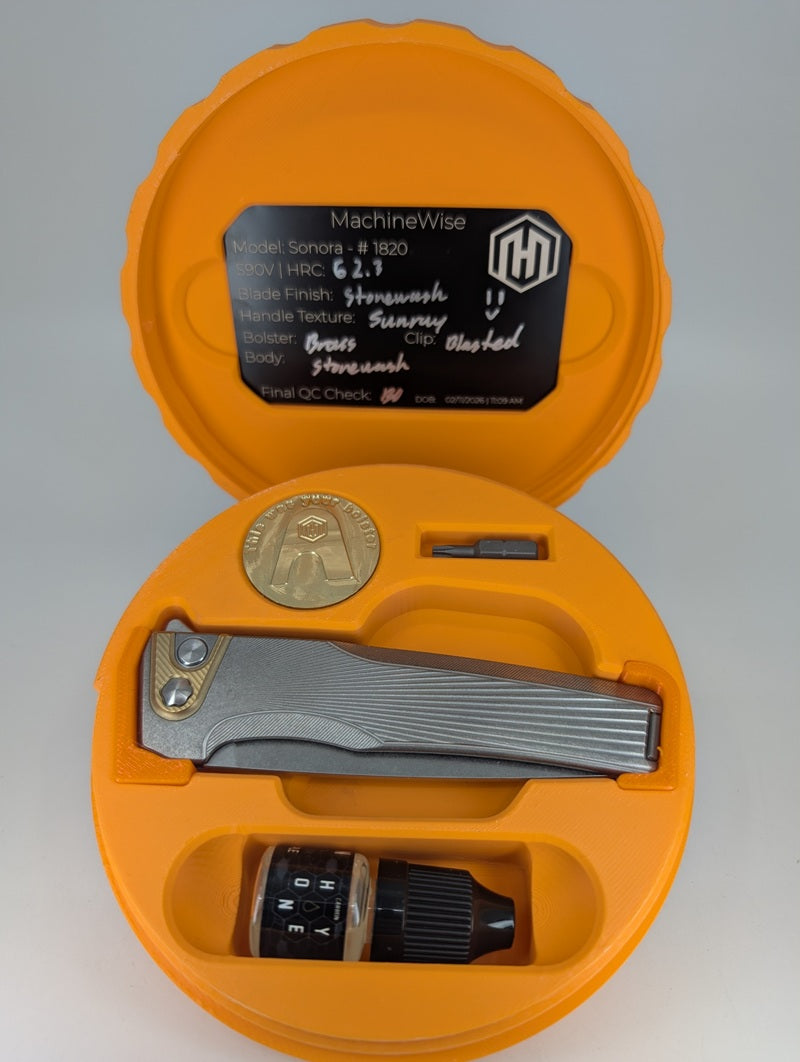 MachineWise Sonora Raw Ti ( Brass Bolster | S90V | Sun Ray Handle) Integral Buttonlock Folding Knife #1820