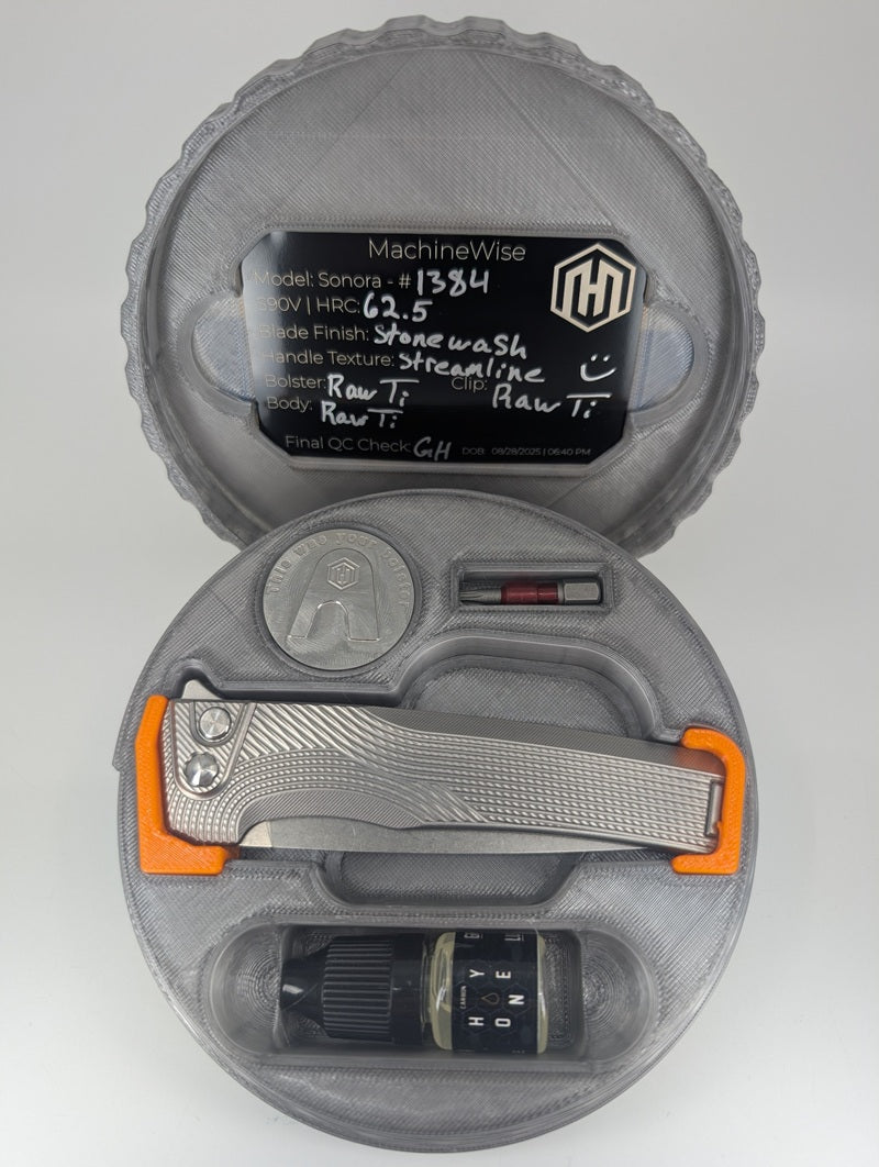 MachineWise Sonora Raw Ti (S90V | Titanium Bolster | Streamliner Handle) Buttonlock Folding Knife #1384