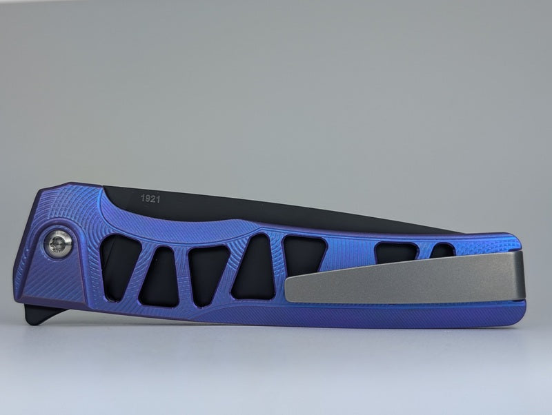 MachineWise Sonora Blurple Ti ( S90V | Raw Ti Bolster | Ripples-Skeleton |Matte DLC Blade) Integral Buttonlock Folding Knife #1921