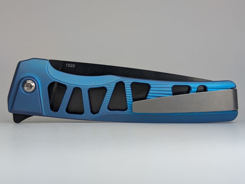 MachineWise Sonora E-Blue Ti ( S90V | Raw Ti Bolster | Sunray-Skeleton |DLC Blade) Integral Buttonlock Folding Knife #1920