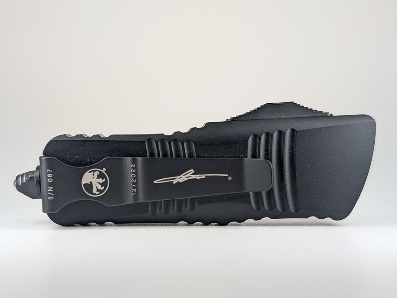 *Consignment* Microtech Troodon Mini D/E Damascus Signature Series Aluminum w/ Ringed Hardware Out the Front Knife